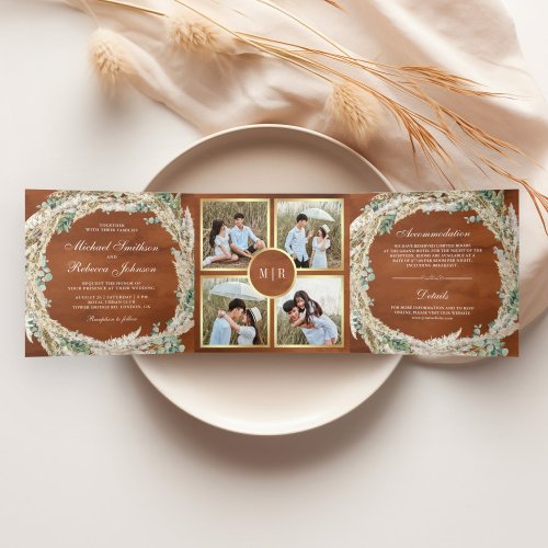 Boho Pampas Eucalyptus Wreath Terracotta Wedding Tri_Fold Invitation