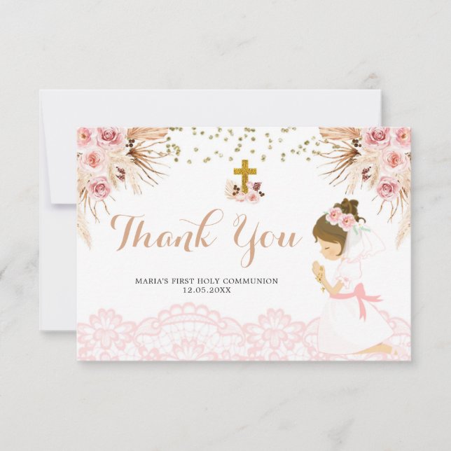Boho Pampas First Communion Thank You Card (Front)