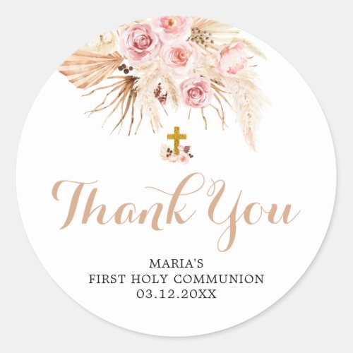 Boho Pampas First Holy Communion Thank You Sticker