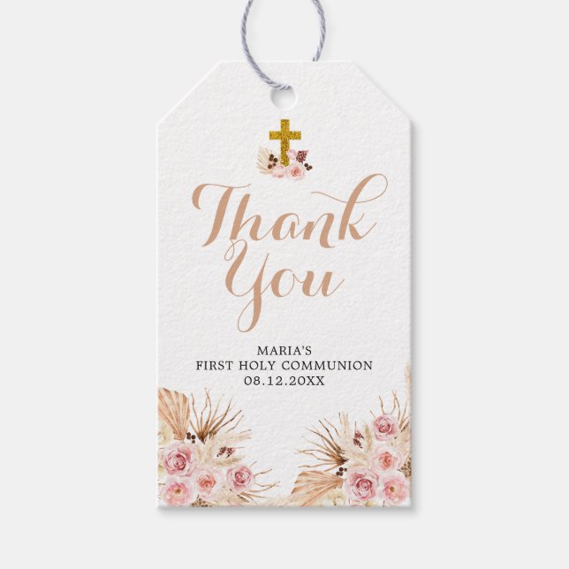Boho Pampas First Holy Communion Thank You Tag (Front)
