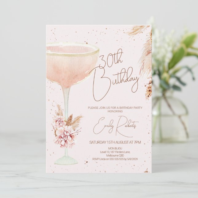 Boho Pampas Floral and Glass Birthday  Invitation (Standing Front)