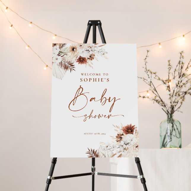 Boho Pampas Floral Baby Shower Welcome Sign (In Situ (Stand))