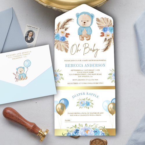 Boho Pampas Floral Blue Teddy Bear Baby Shower All In One Invitation