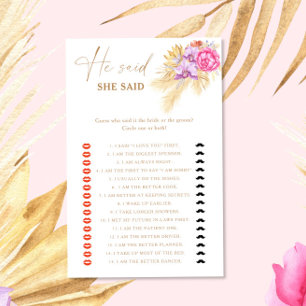 Boho Pampas Floral He said she said bridal game