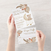 Boho Pampas Floral Moon Teddy Bear Baby Shower All In One Invitation