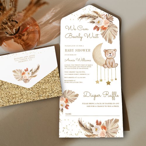 Boho Pampas Floral Moon Teddy Bear Baby Shower All In One Invitation