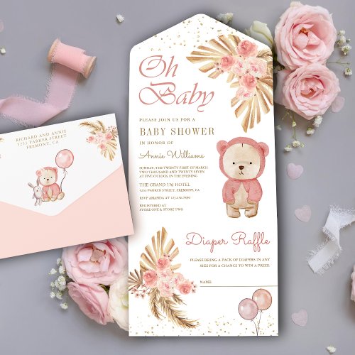 Boho Pampas Floral Pink Teddy Bear Baby Shower All In One Invitation