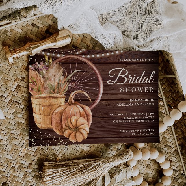Boho Pampas Floral Pumpkin Fall Wood Bridal Shower Invitation (Creator Uploaded)