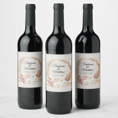 Boho Pampas Floral Watercolor Rustic Wood Wedding Wine Label