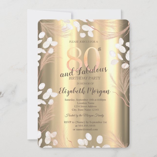 Boho Pampas Flowers Gold 80th Birthday  Invitation (Front)