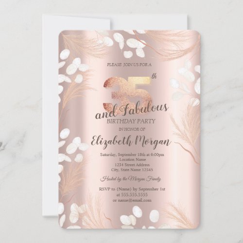 Boho Pampas Flowers Rose Gold 35th Birthday  Invitation