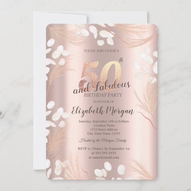 Boho Pampas Flowers Rose Gold 50th Birthday  Invitation (Front)