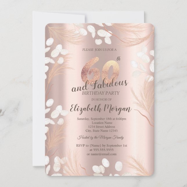 Boho Pampas Flowers Rose Gold 60th Birthday  Invitation (Front)