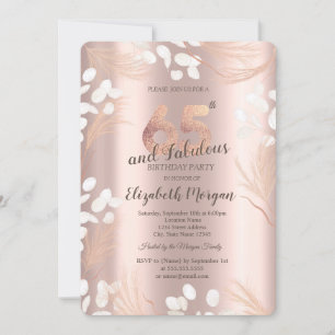 Boho Pampas Flowers Rose Gold 65th Birthday Invitation