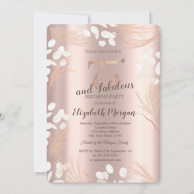 Boho Pampas Flowers Rose Gold 75th Birthday  Invitation (Front)