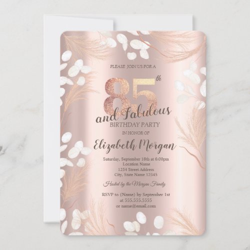 Boho Pampas Flowers Rose Gold 85th Birthday  Invitation