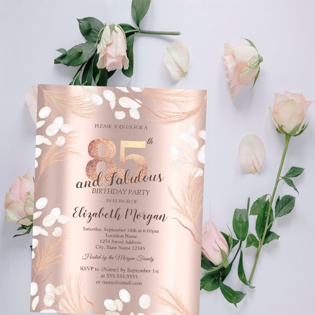Boho Pampas Flowers Rose Gold 85th Birthday  Invitation (Creator Uploaded)