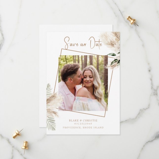 Boho Pampas Foliage Photo Wedding  Save The Date (Front/Back In Situ)