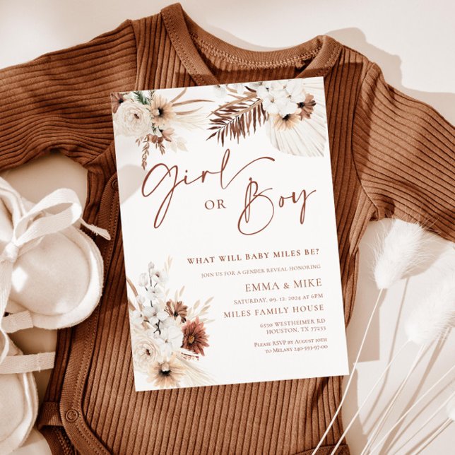 Boho Pampas Girl or Boy Gender Reveal Invitation (Creator Uploaded)