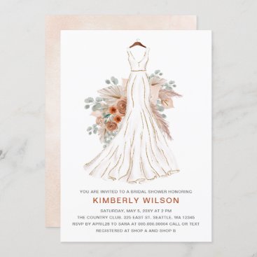 Boho Pampas Glitter Wedding Dress Bridal Shower Invitation