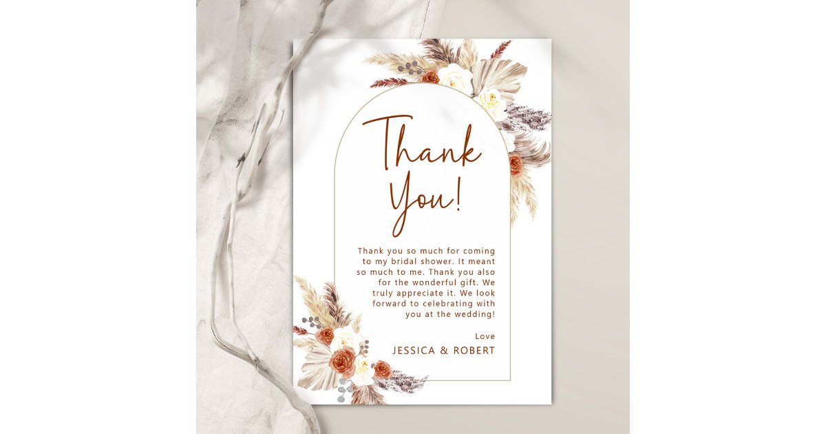 Boho Pampas Gras Terracotta Bridal Shower Thank You Card | Zazzle