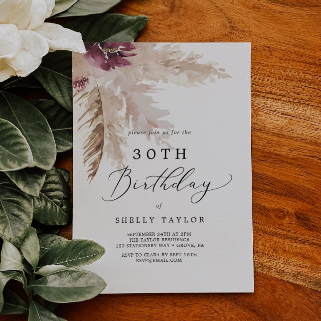 Boho Pampas Grass 30th Birthday Invitation (Creator Uploaded)