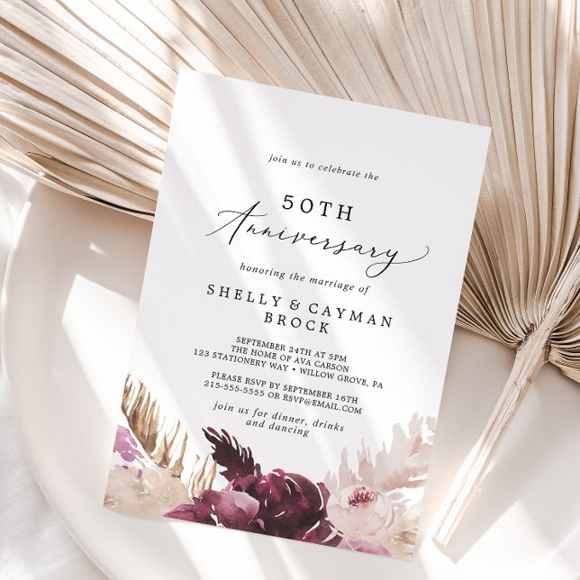 Boho Pampas Grass 50th Wedding Anniversary Invitation (Creator Uploaded)