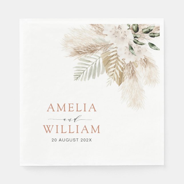 boho pampas grass and greenery wedding napkins (Front)