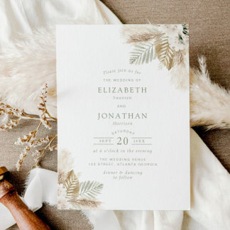 boho pampas grass and sage green wedding invitation