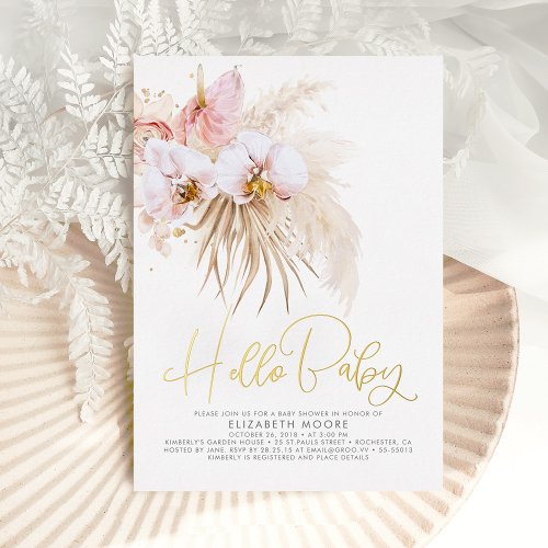 Boho Pampas Grass and Tropical Flowers Baby Shower Foil Invitation