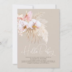 Boho Pampas Grass and Tropical Flowers Baby Shower Invitation