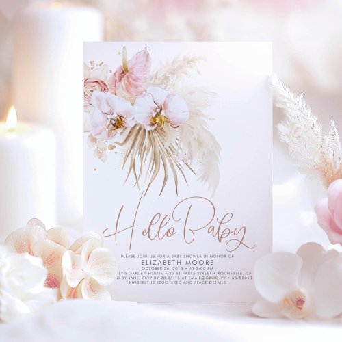 Boho Pampas Grass and Tropical Flowers Baby Shower Invitation