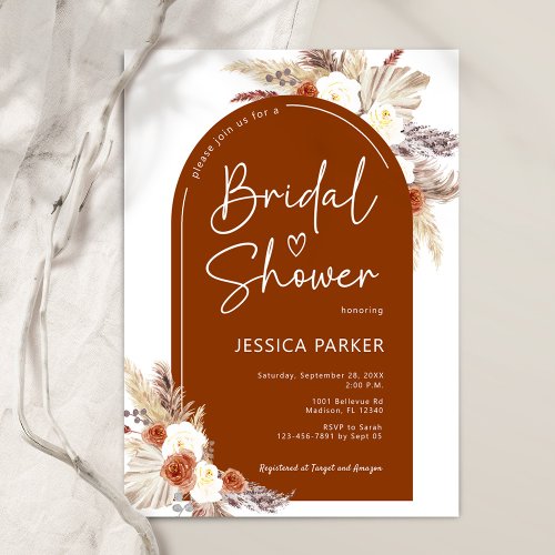 Boho Pampas Grass Arch Teracotta Bridal Shower Invitation