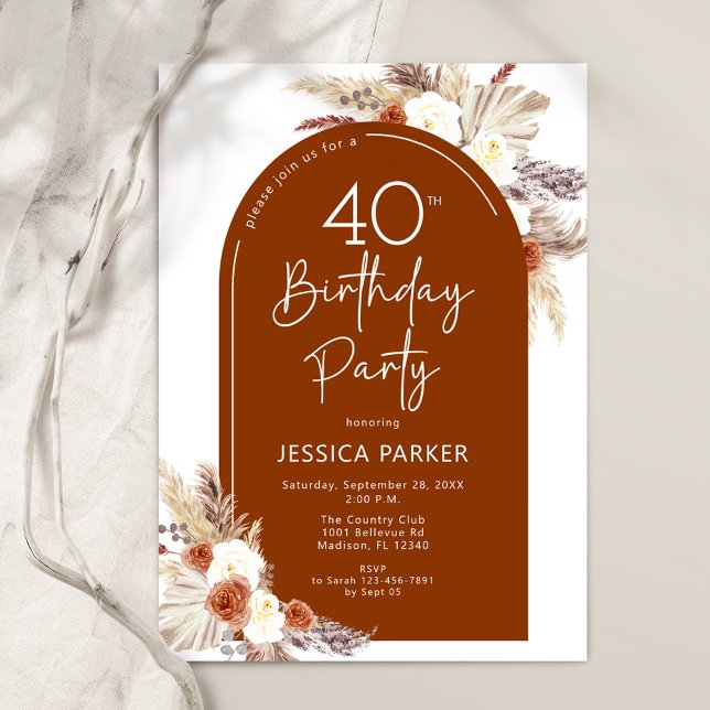 Boho Pampas Grass Arch Terracotta 40th Birthday Invitation (Creator Uploaded)