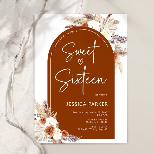 Boho Pampas Grass Arch Terracotta Sweet Sixteen Invitation