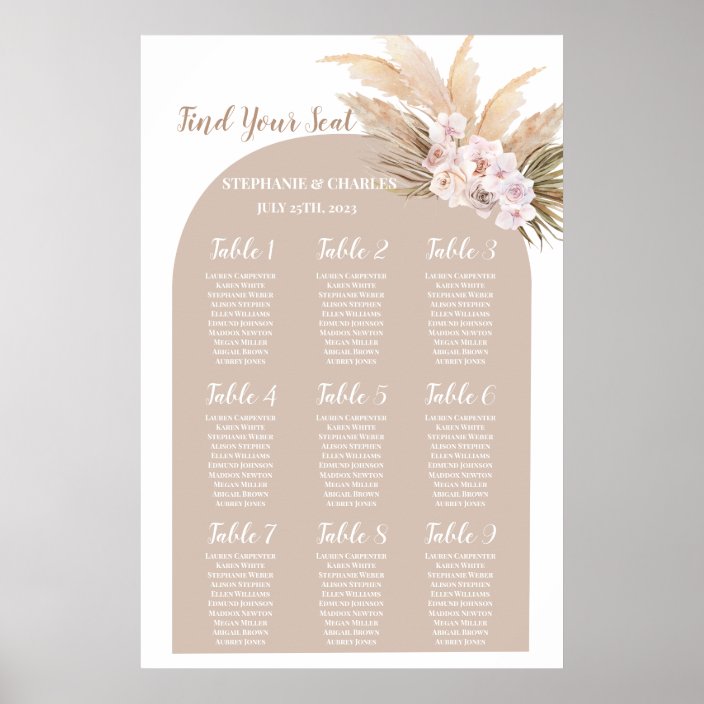 Boho Pampas Grass Arch Wedding Seating Chart Zazzle