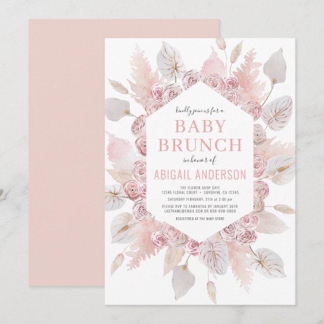 Boho Pampas Grass Baby Brunch Elegant Blush Pink  Invitation (Front/Back)