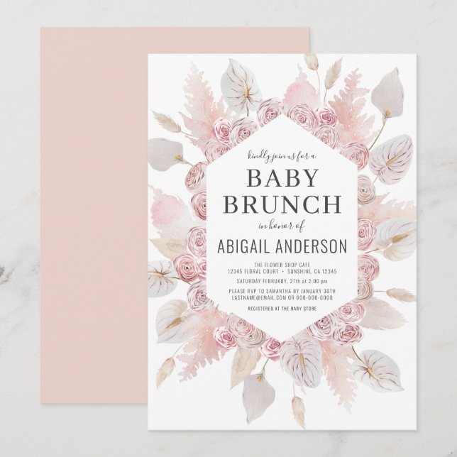 Boho Pampas Grass Baby Brunch Elegant Invitation (Front/Back)