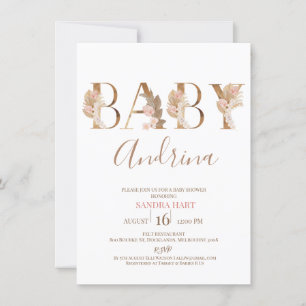 Boho Pampas Grass Baby Girl Name Baby Shower Invitation