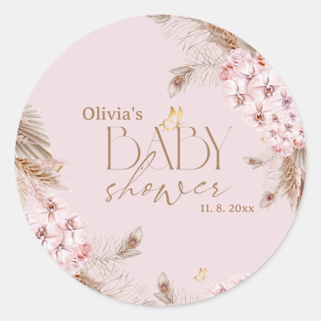  Boho Pampas Grass Baby Shower Classic Round Sticker (Front)