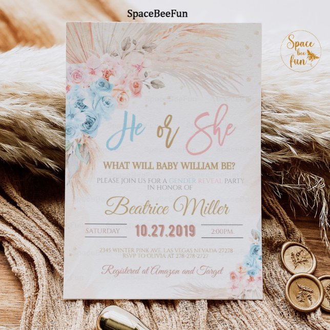 Boho Pampas Grass Baby Shower Invitation He or She (Boho Pampas Grass Baby Shower Invitation Bohemian Gender reveal)
