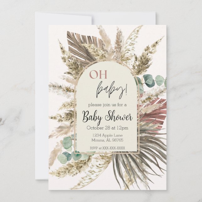 Boho Pampas Grass Baby Shower Invitation | Neutral (Front)