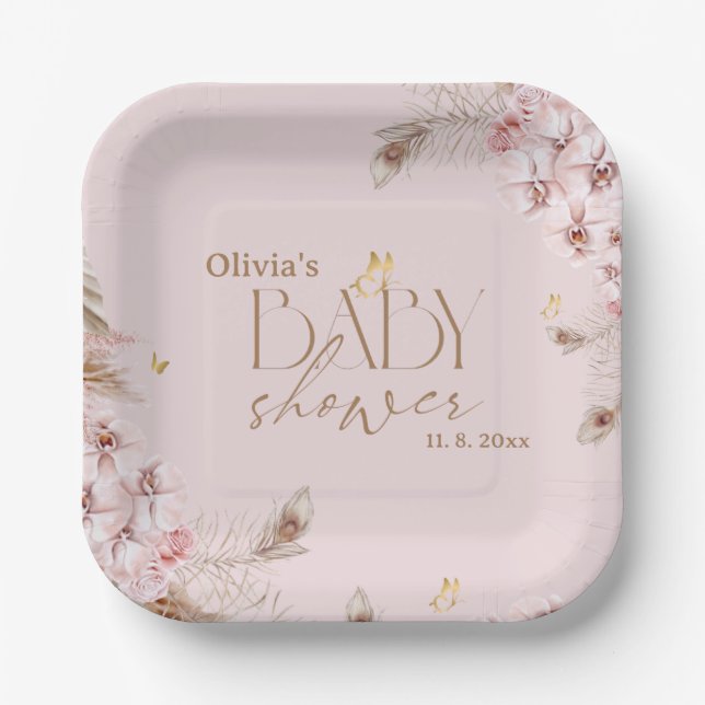  Boho Pampas Grass Baby Shower Paper Plates (Front)