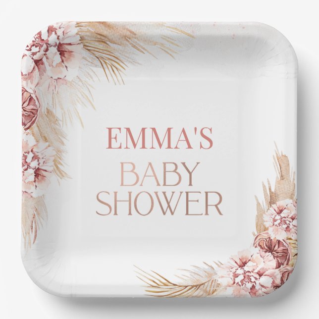 Boho Pampas Grass Baby Shower Paper Plates (Front)