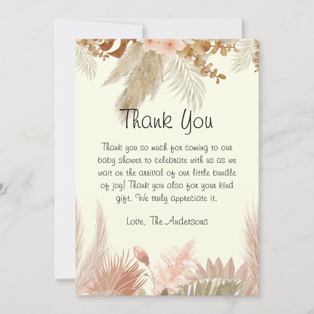Boho Pampas Grass  Baby Shower Thank You Card (Front)