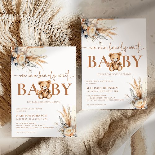 Boho Pampas Grass Baby Shower We Can Bearly Wait Invitation