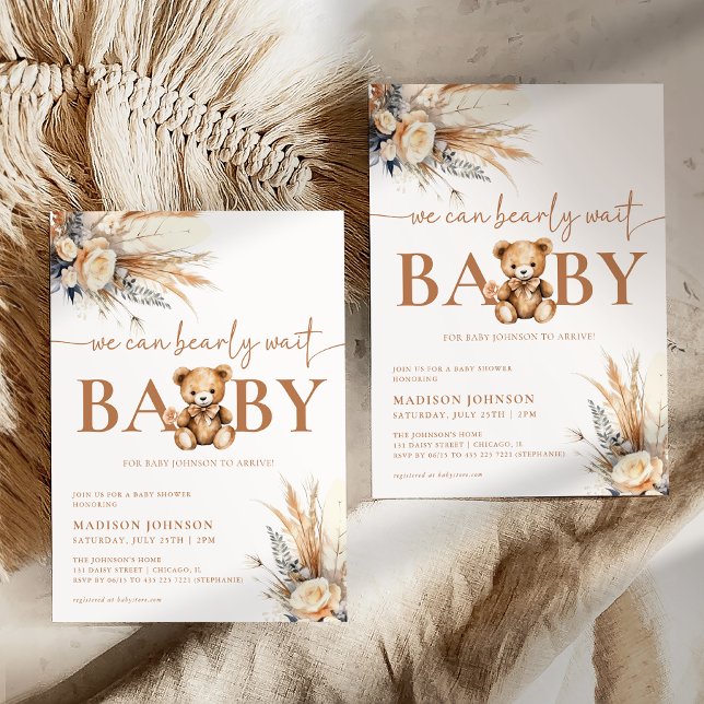 Boho Pampas Grass Baby Shower We Can Bearly Wait Invitation (Creator Uploaded)
