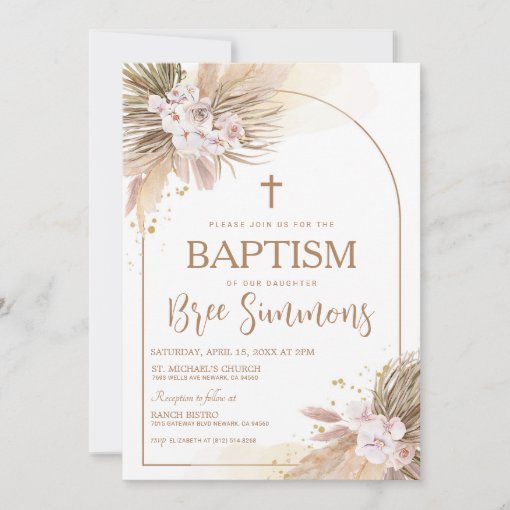 Boho Pampas Grass Baptism Christening Invitation | Zazzle