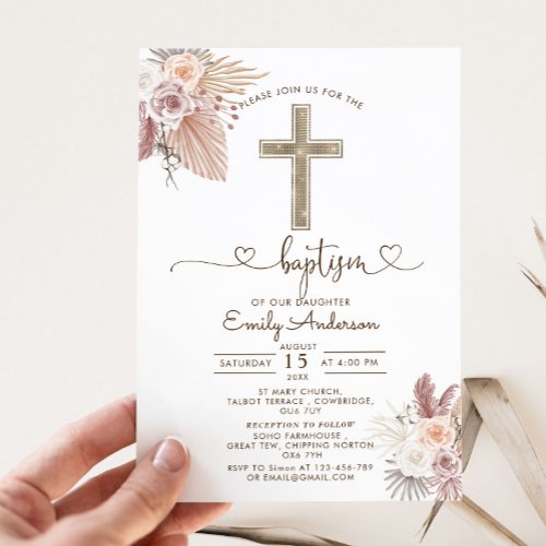 Boho Pampas Grass Baptism Christening  Invitation