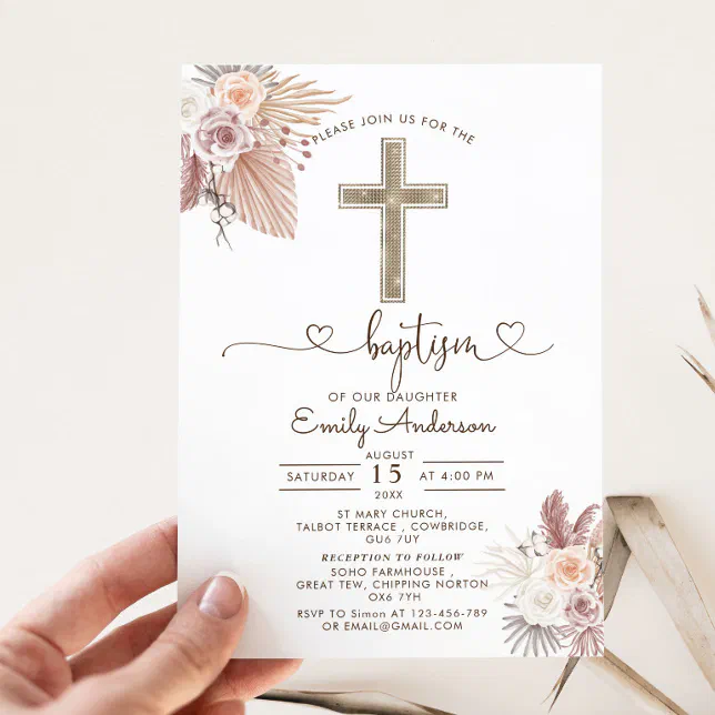 Boho Pampas Grass Baptism Christening Invitation | Zazzle